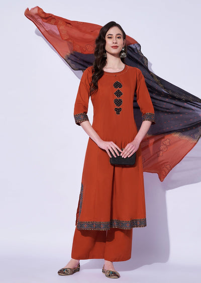 Dark Rust Cotton Straight Cut Kurti Set