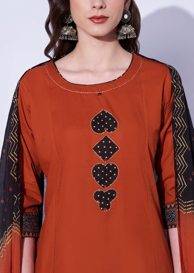 Dark Rust Cotton Straight Cut Kurti Set