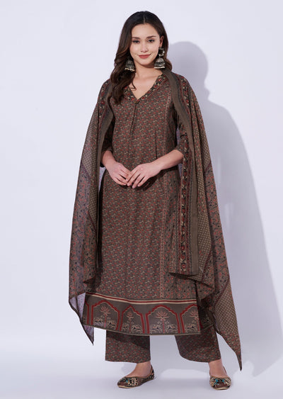 Brown Cotton Straight Cut Suit