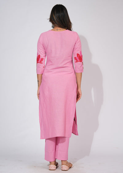 Pink Cotton Straight cut Kurti set