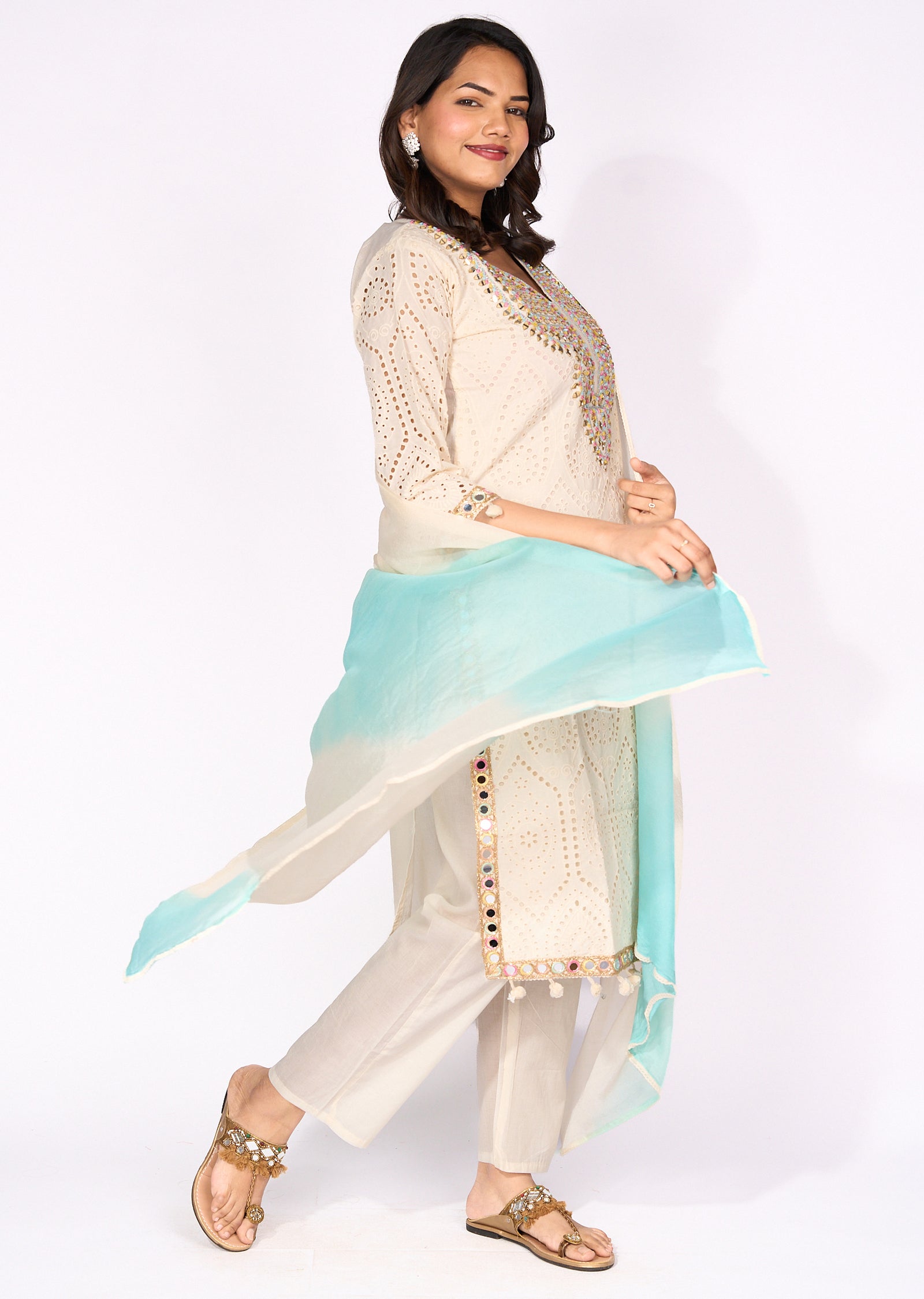 Sea Green Cotton Straight cut Suit