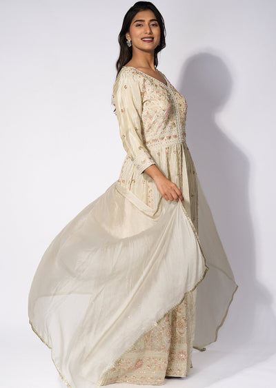 Cream Tissue Front slit Anarkali