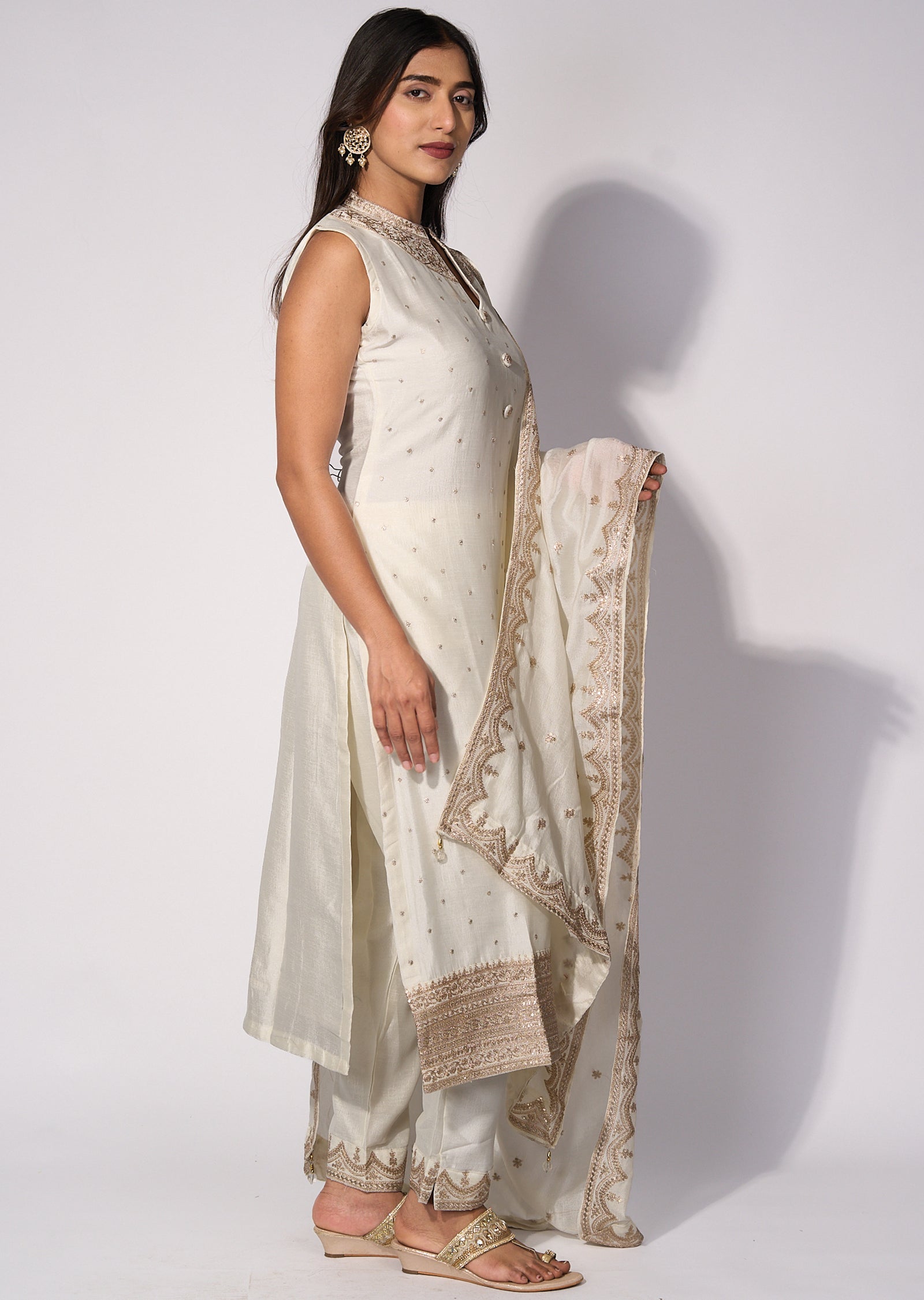 White Silk Straight cut kurti Set