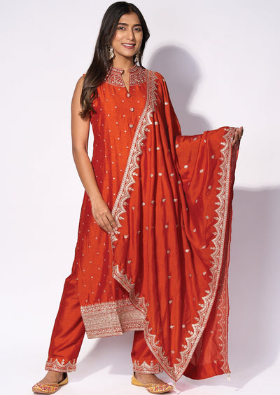 Rust Silk Straight cut kurti Set
