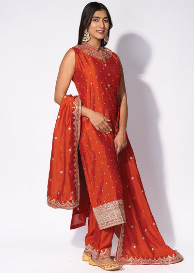 Rust Silk Straight cut kurti Set