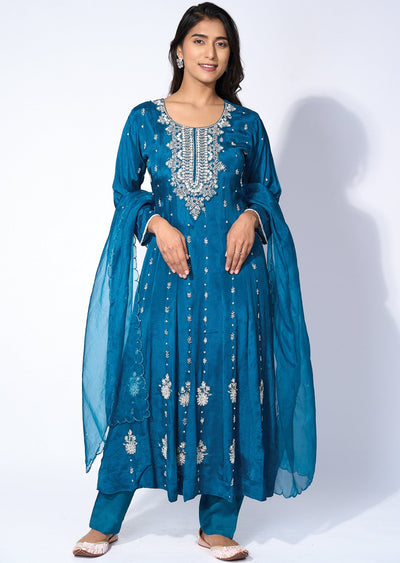 Teal blue chinnon Anarkali