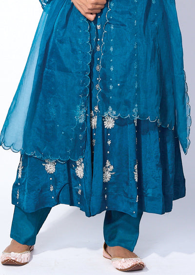 Teal blue chinnon Anarkali