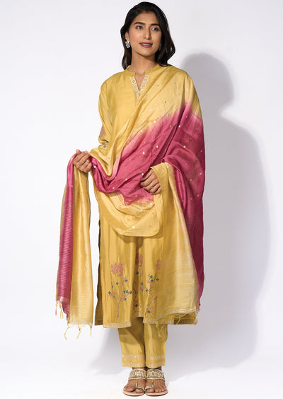 Yellow silk Straight cut kurti Set