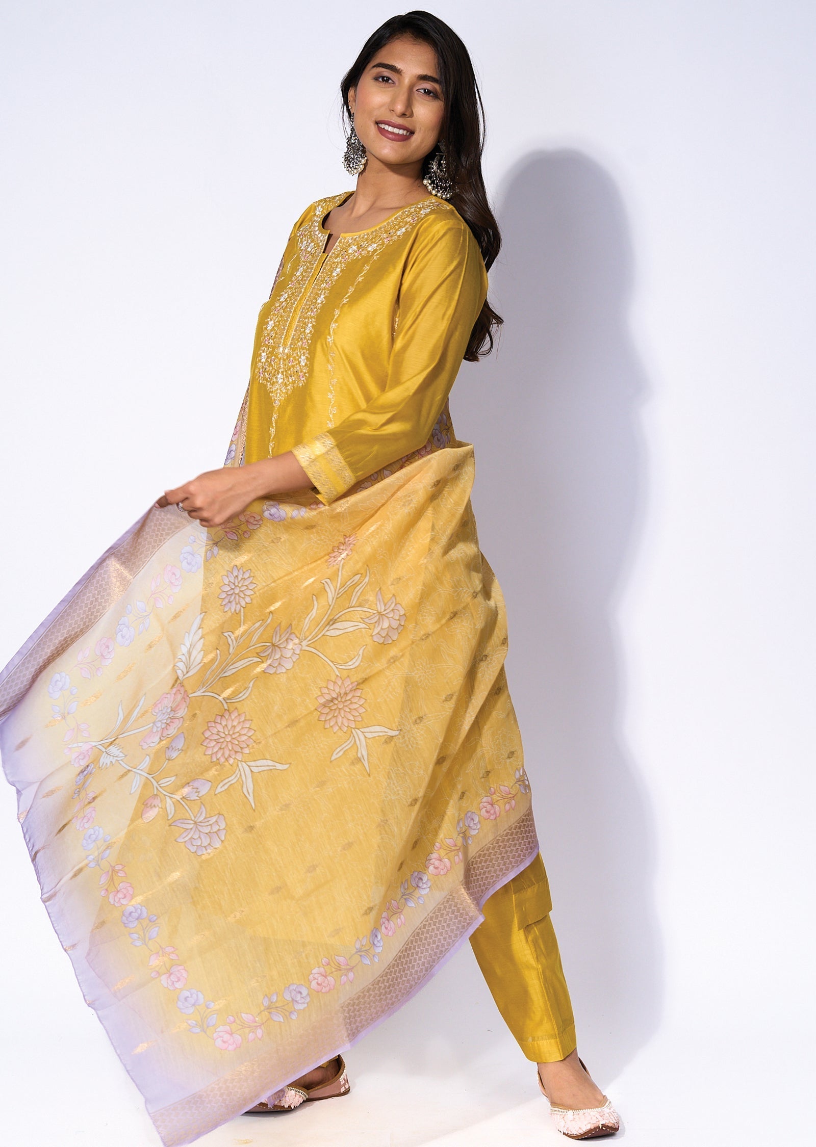Yellow Silk Straight cut kurti Set