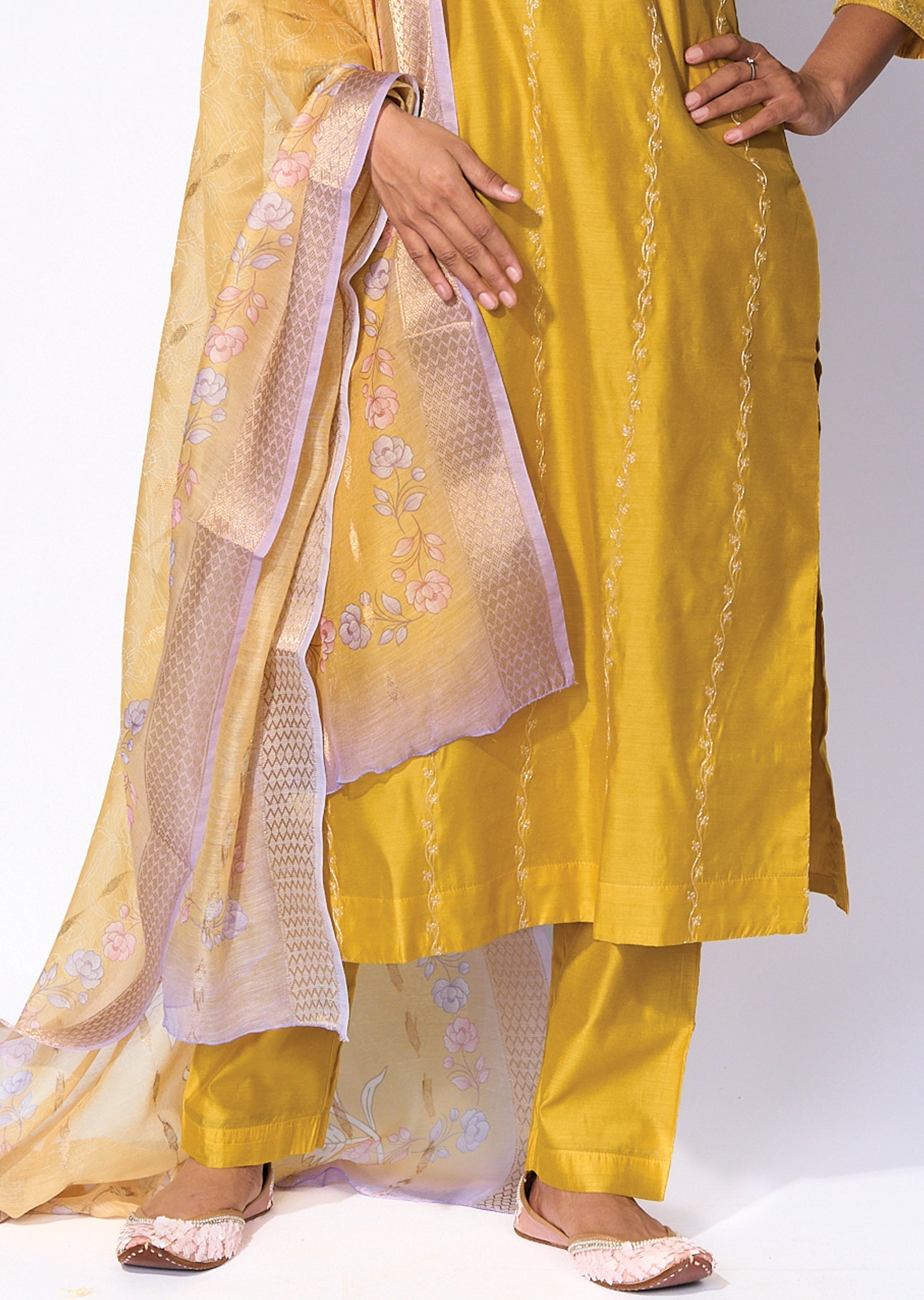Yellow Silk Straight cut kurti Set
