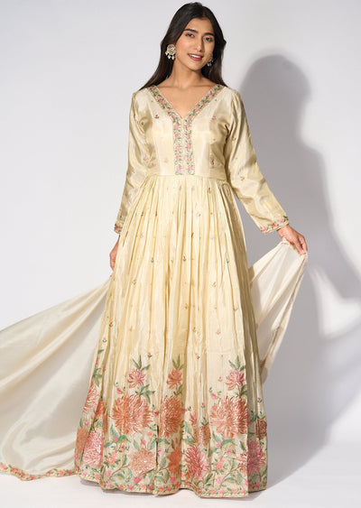 Beige Tissue Anarkali(No Bottom)