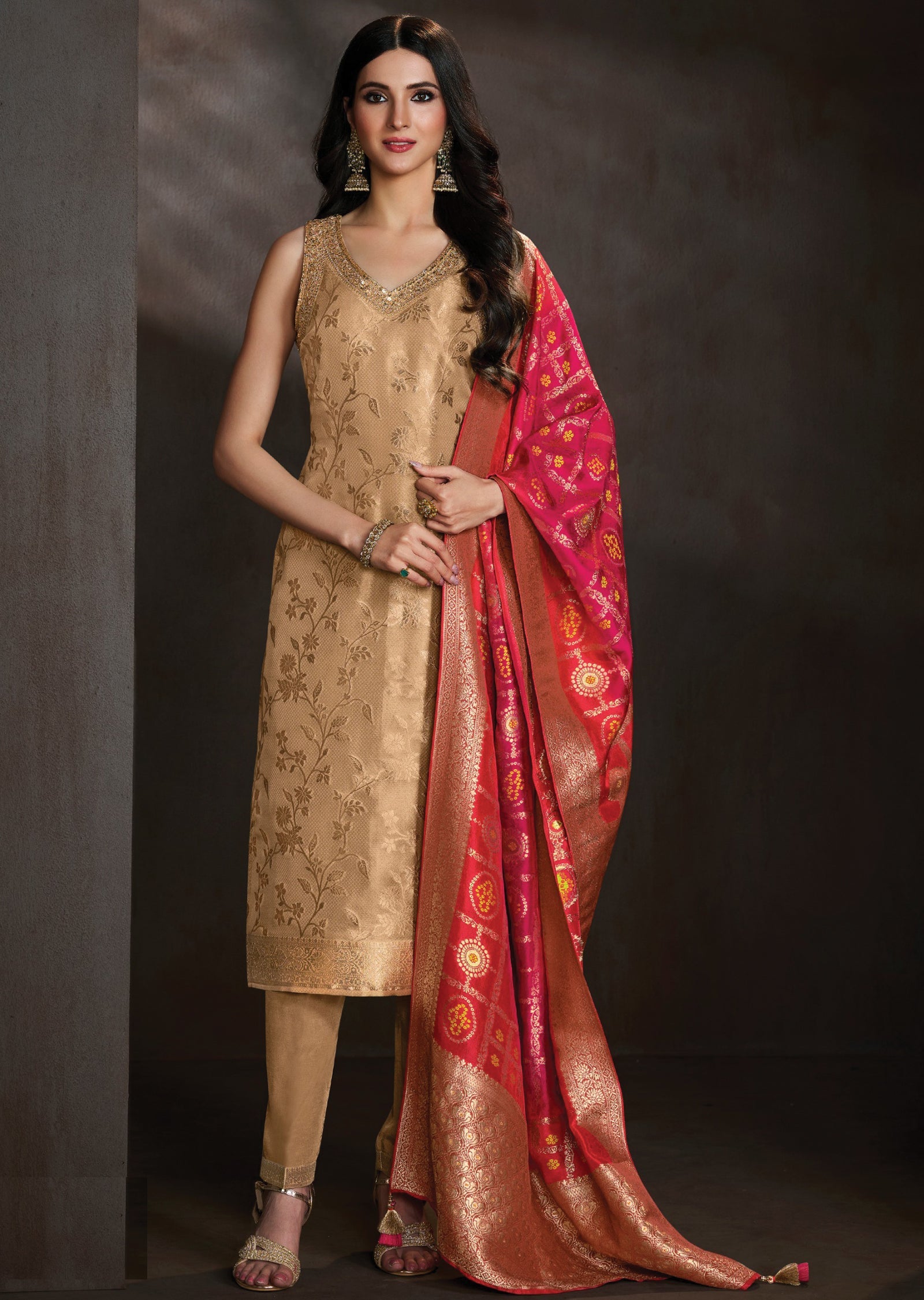 Beige Tissue Straight cut suit