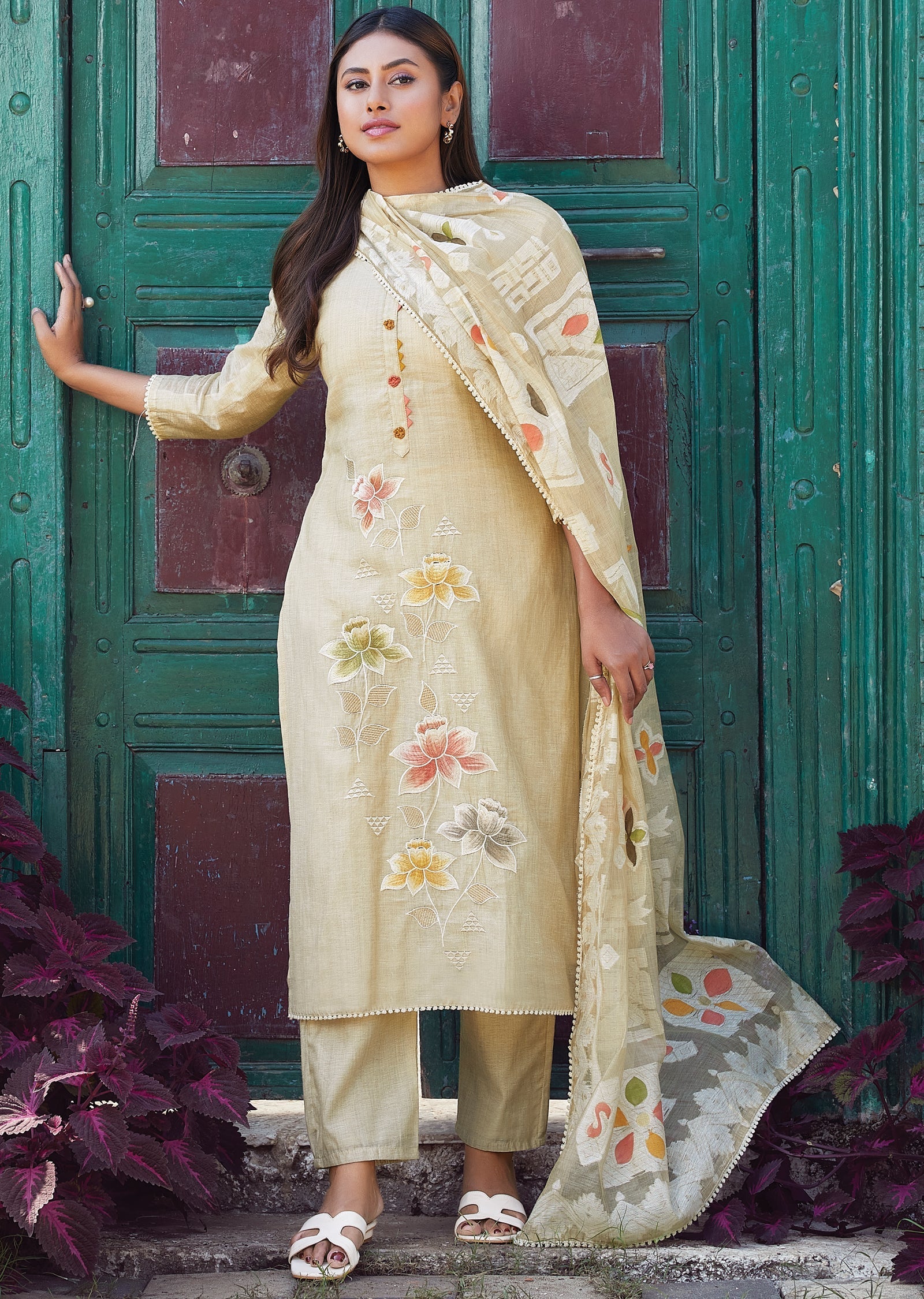 Beige Chanderi Straight cut kurti Set