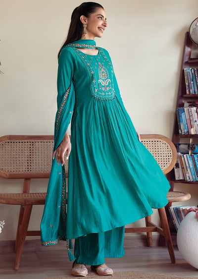Rama blue Mulchanderi Anarkali