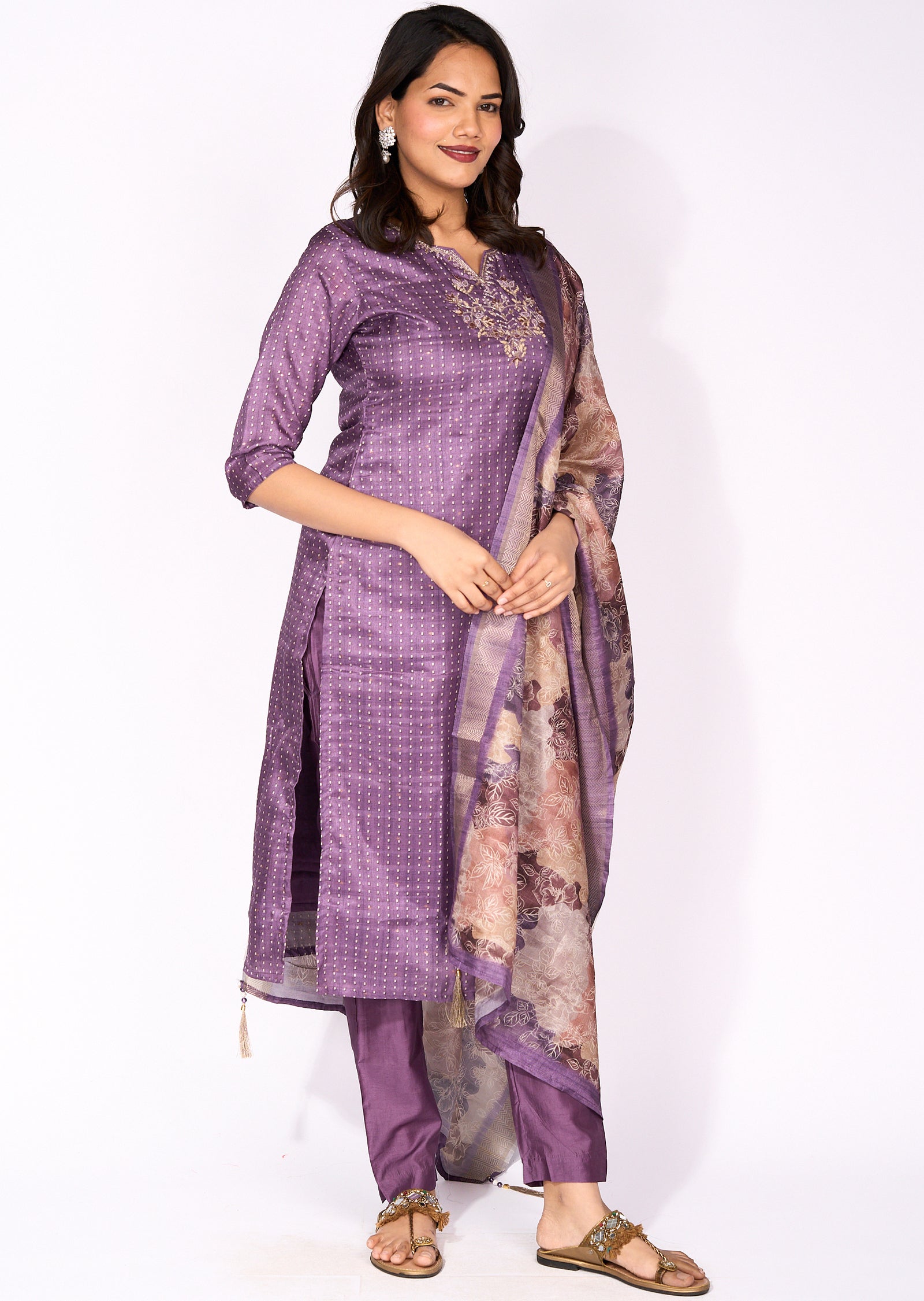 Purple Tussar straight cut suit