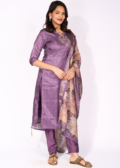 Purple Tussar straight cut suit