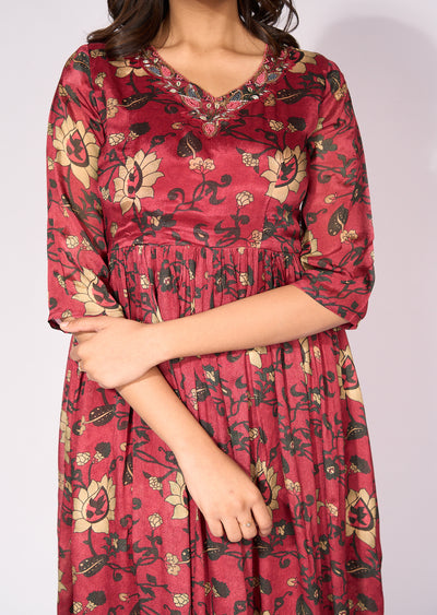 Maroon chinnon Long Kurti