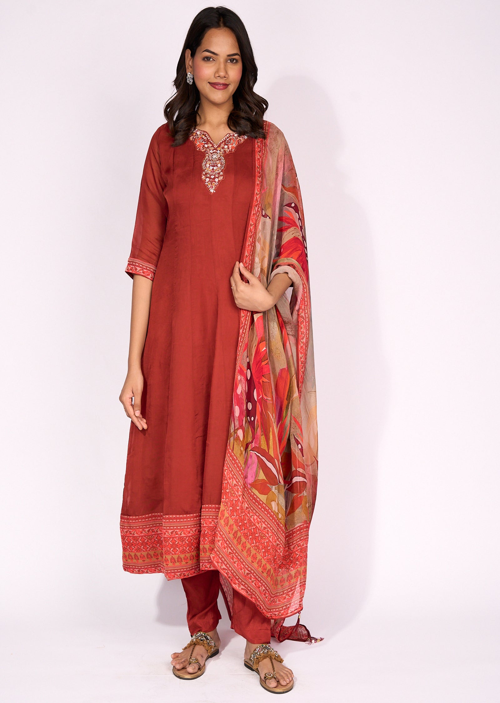 Rust Organza Anarkali Suit