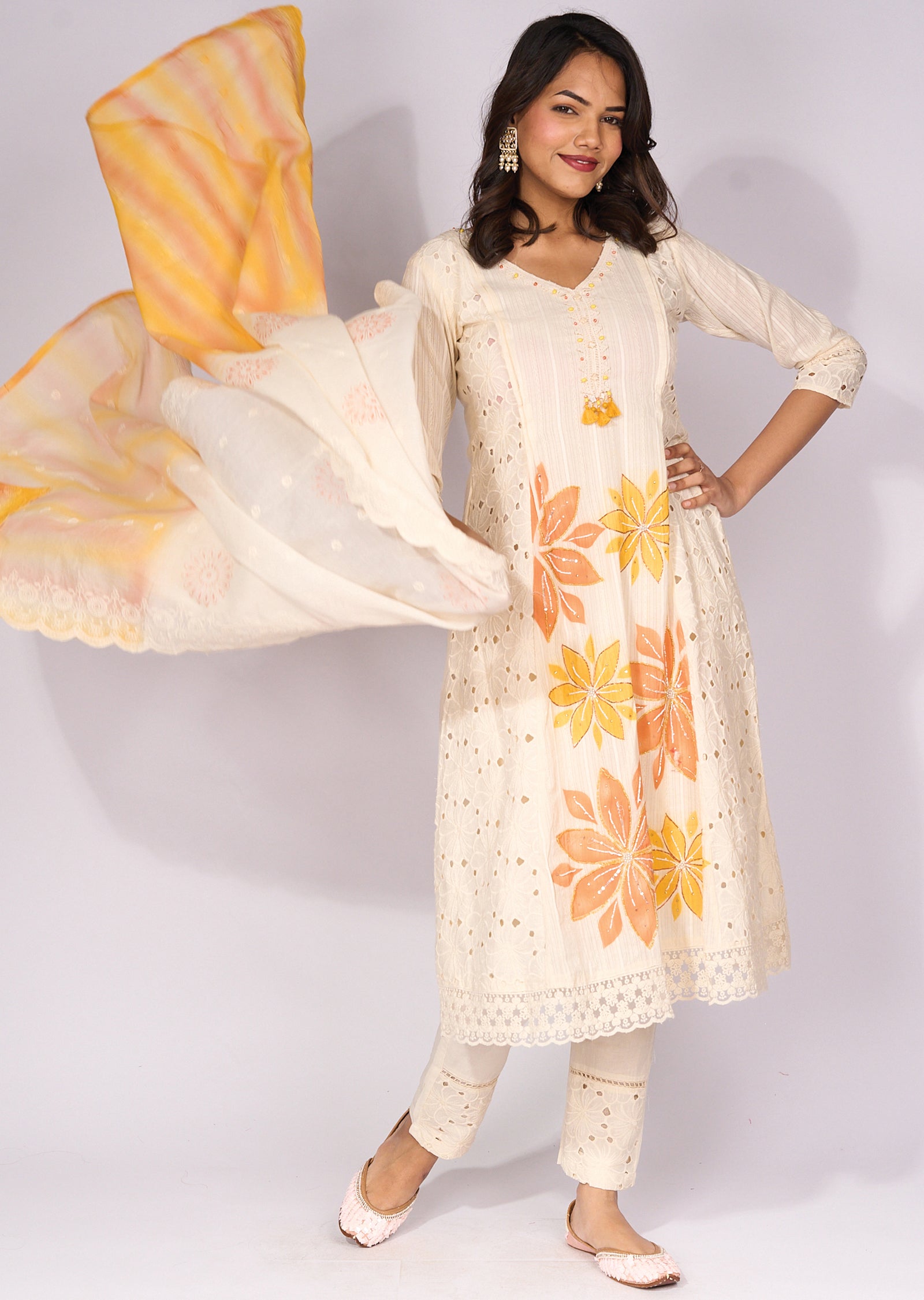 Off white Cotton Anarkali Suit