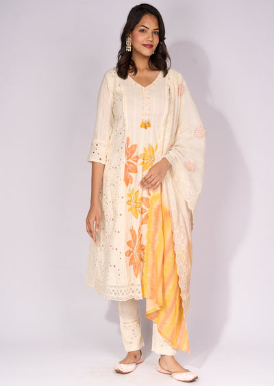 Off white Cotton Anarkali Suit