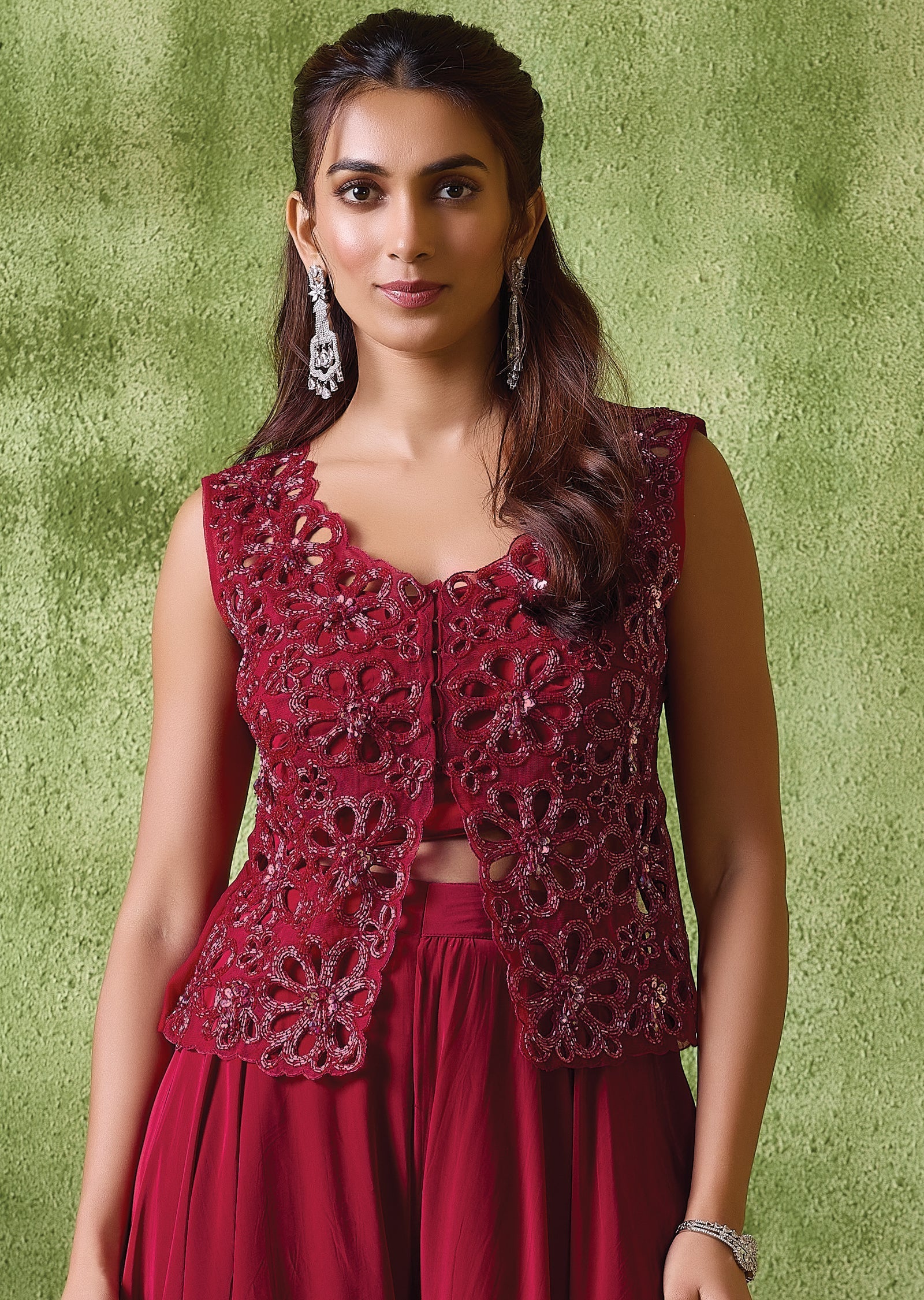 Maroon Crepe Indowestern Set