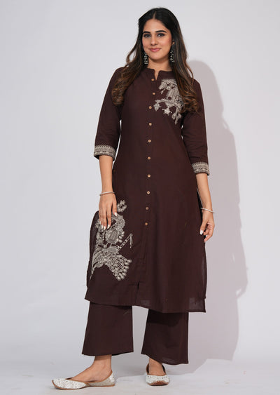 Brown Cotton Straight cut Kurti set
