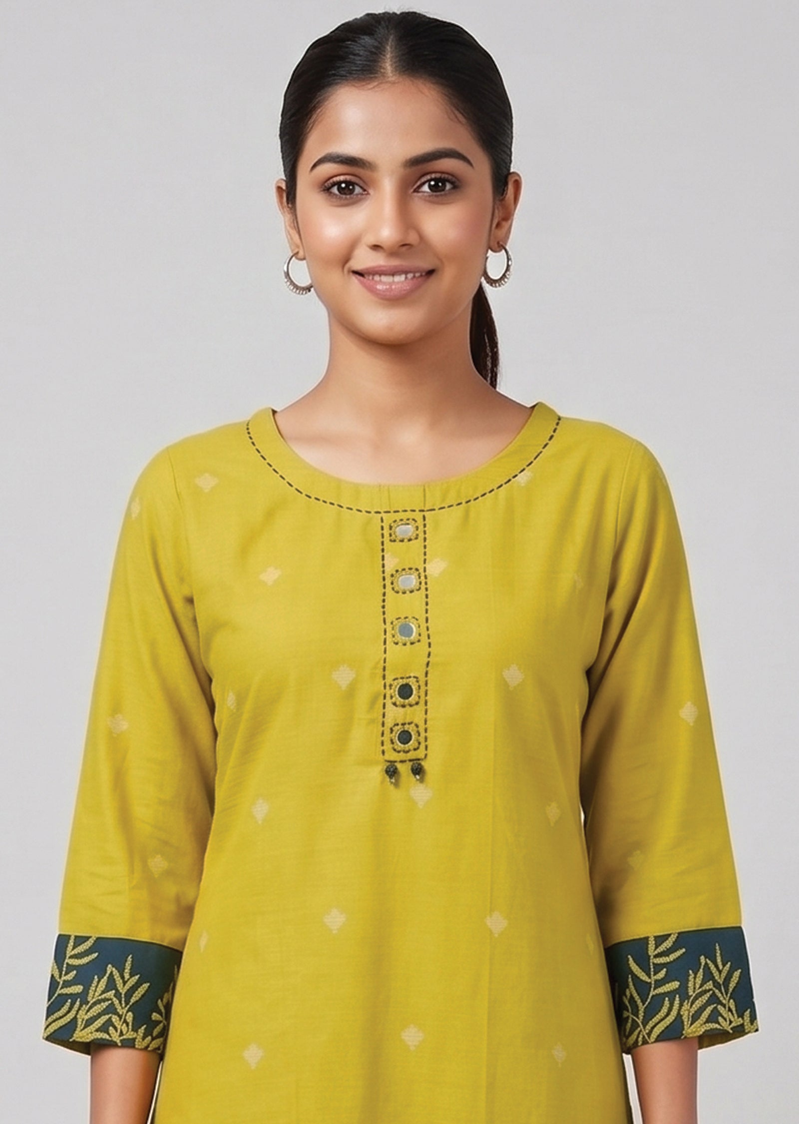 Yellow Cotton Straight cut Kurti set
