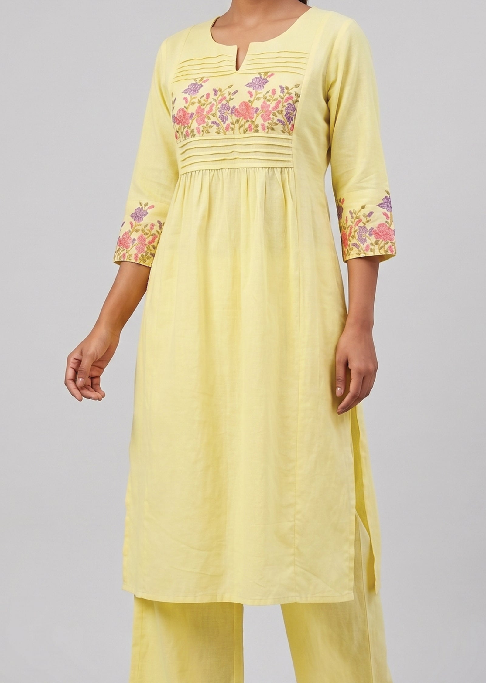 Light Yellow Cotton Kurti Set
