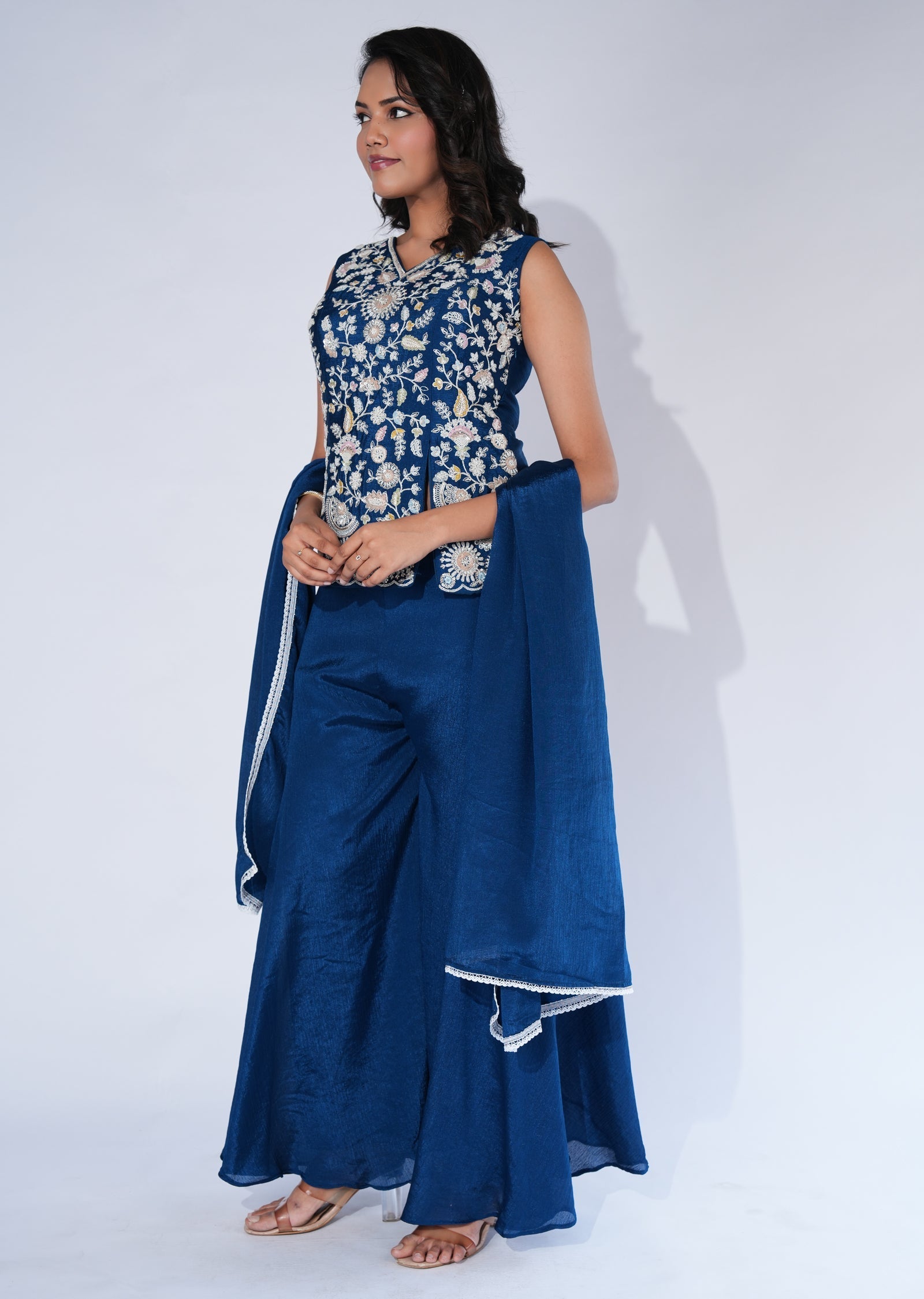 Blue Chinnon Sharara Set