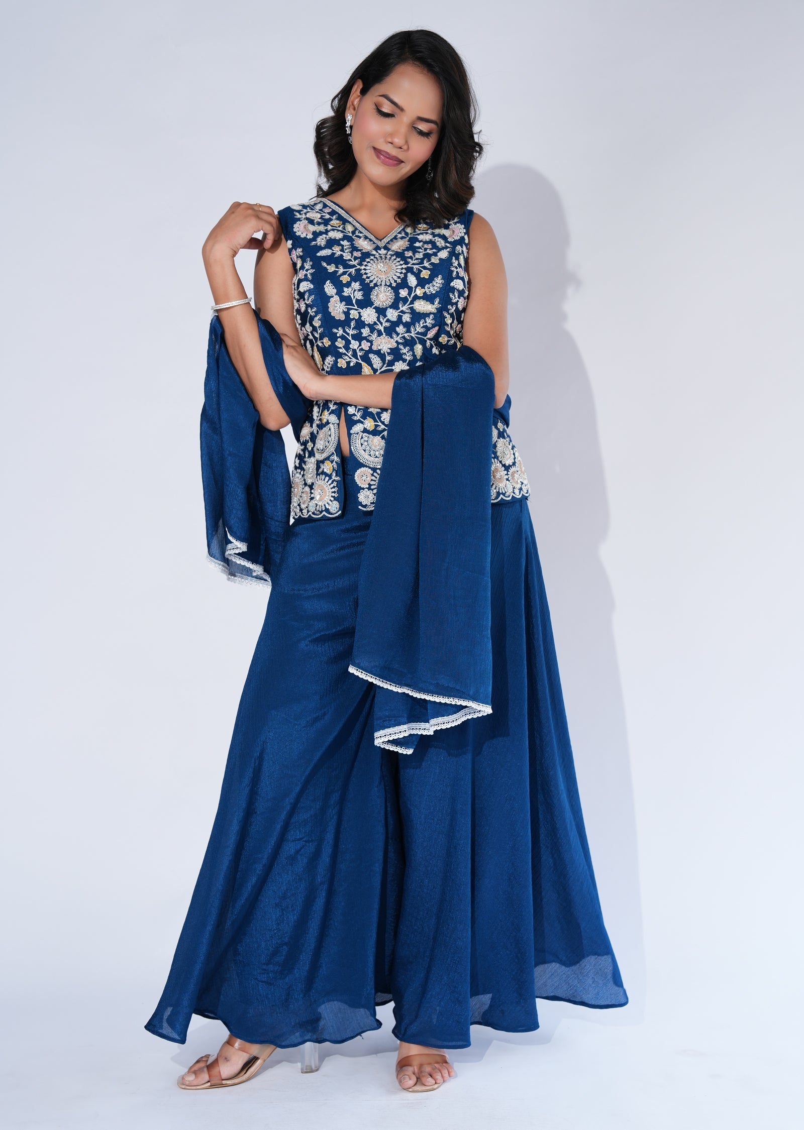 Blue Chinnon Sharara Set