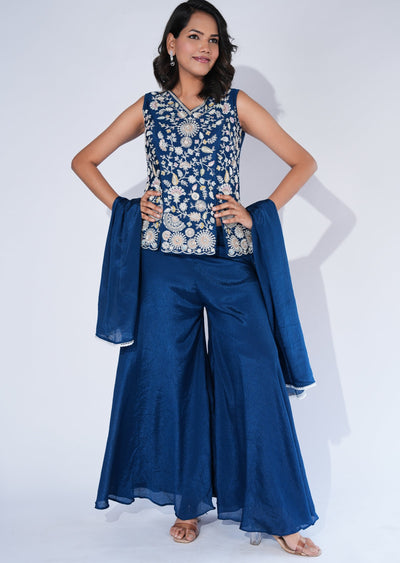 Blue Chinnon Sharara Set
