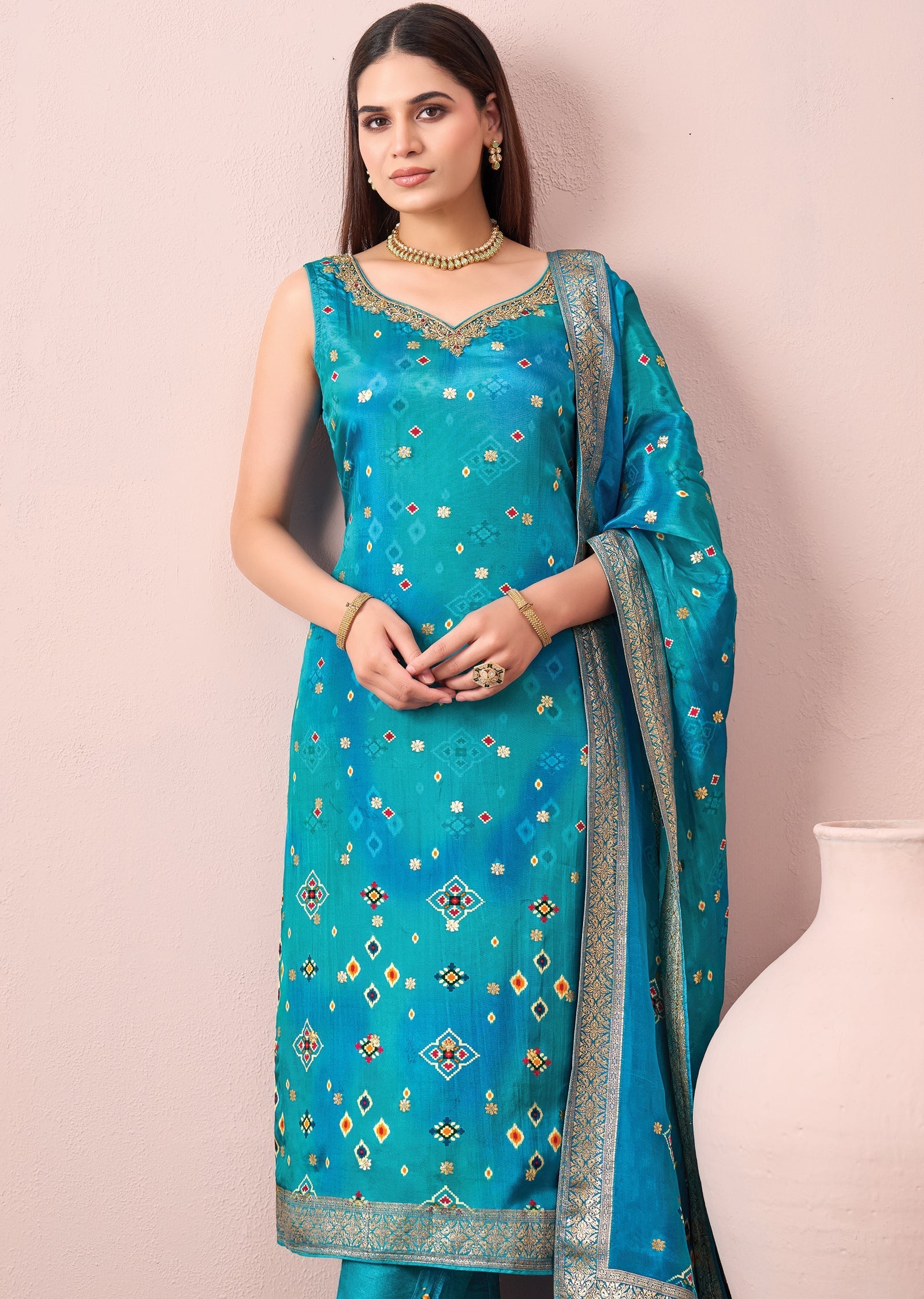 Blue Pink Silk Straight cut suit