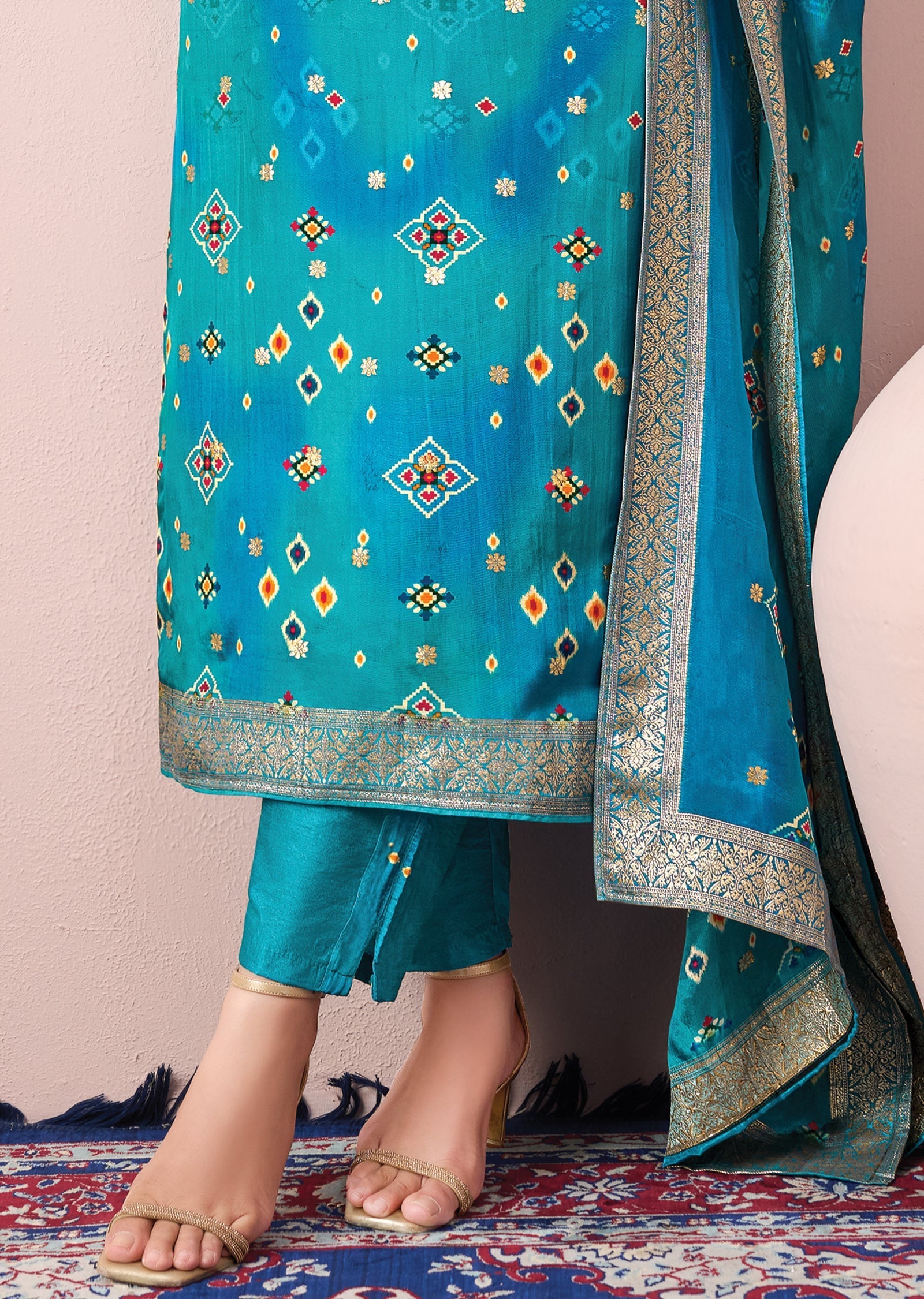 Blue Pink Silk Straight cut suit