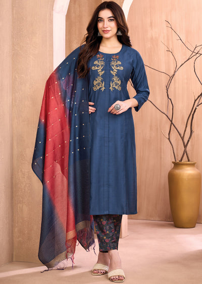 Teal Blue Silk Straight cut suit