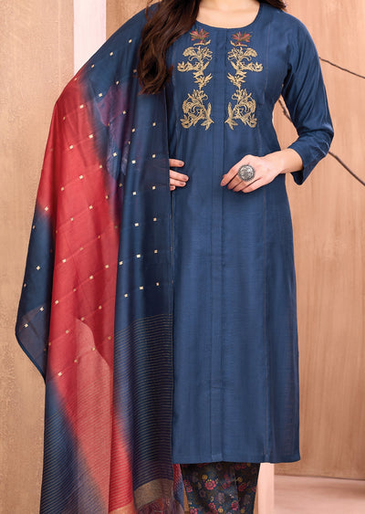 Teal Blue Silk Straight cut suit