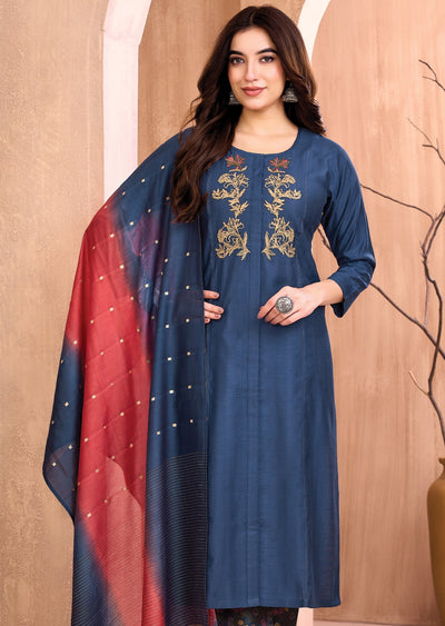 Teal Blue Silk Straight cut suit