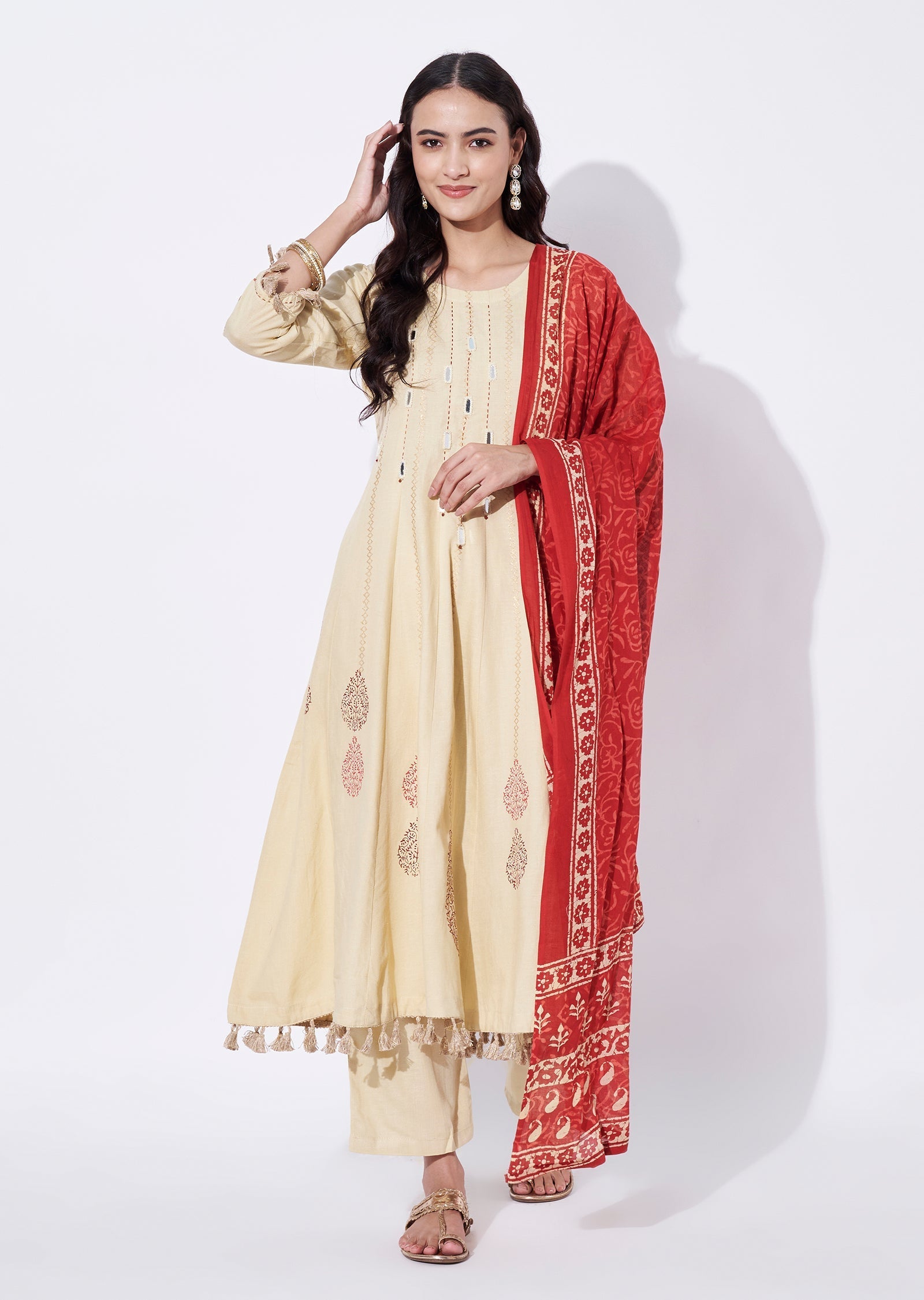 Beige Cotton Anarkali Suit