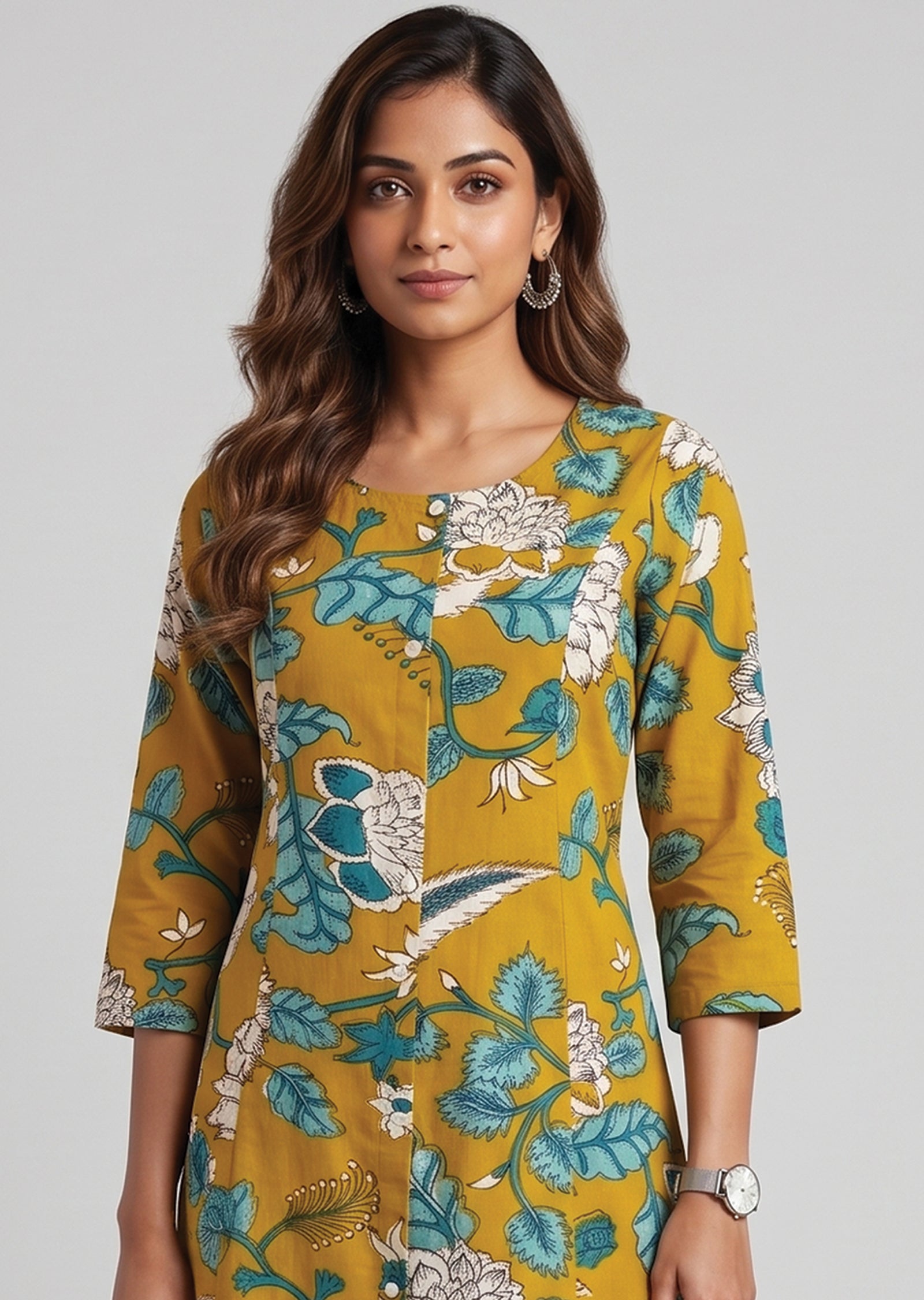 Mustard Printed Cotton Kurti Set