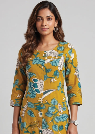 Mustard Printed Cotton Kurti Set