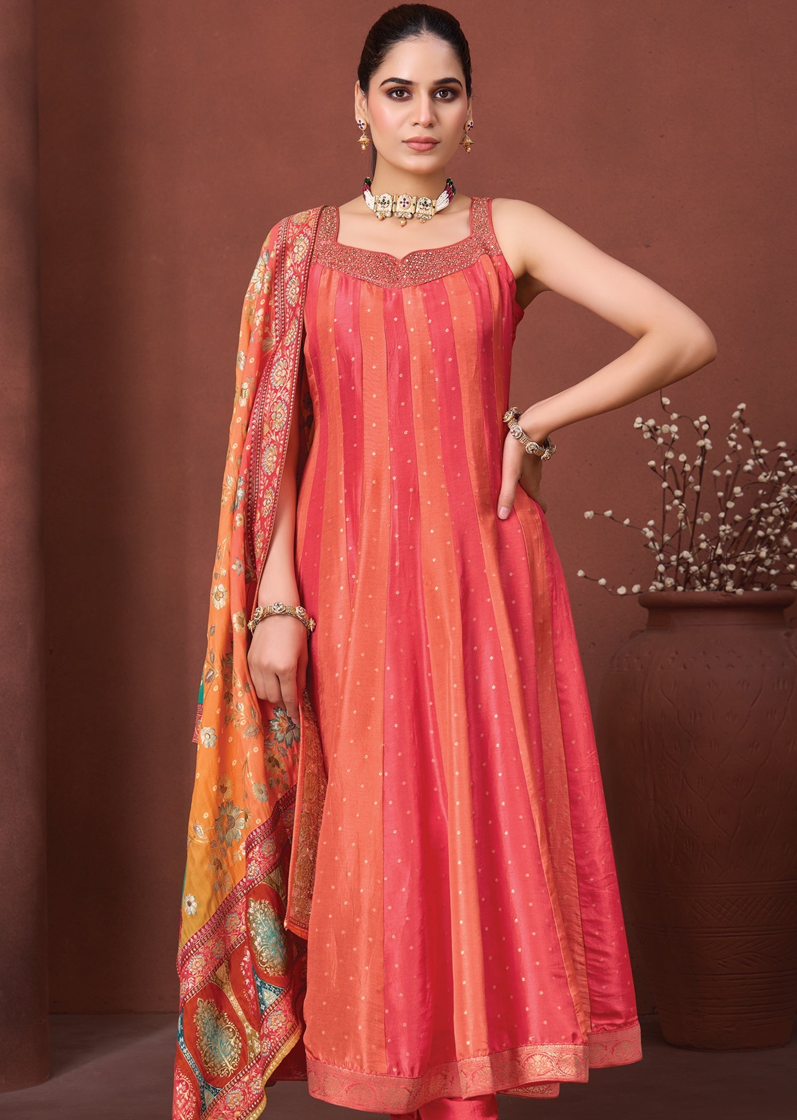 Coral Silk Anarkali Suit