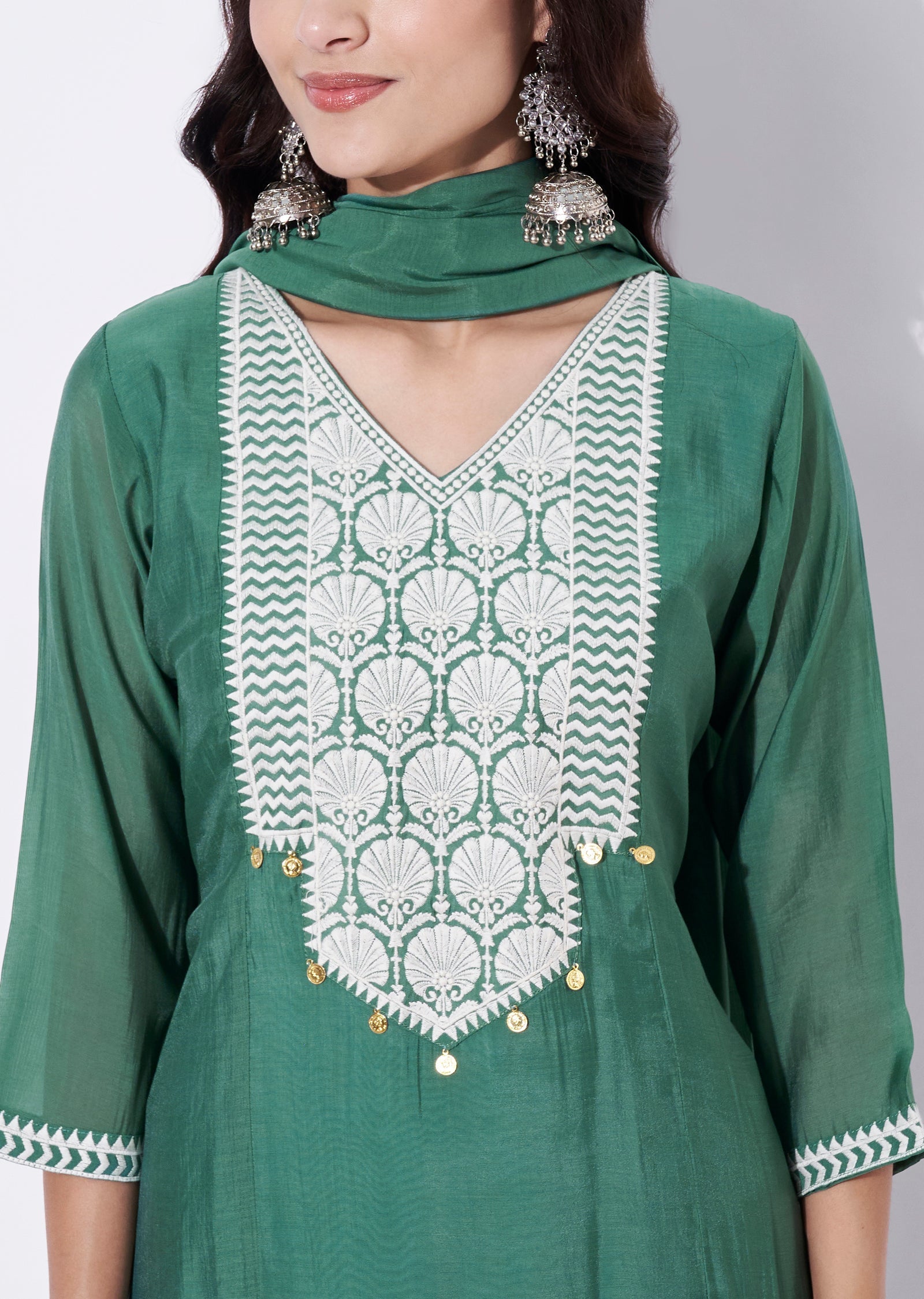 Green Mul Chanderi Anarkali Suit