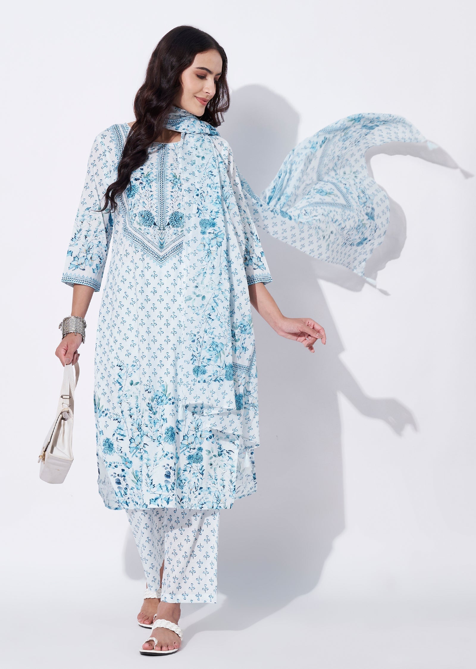 Blue Cotton Straight cut Suit