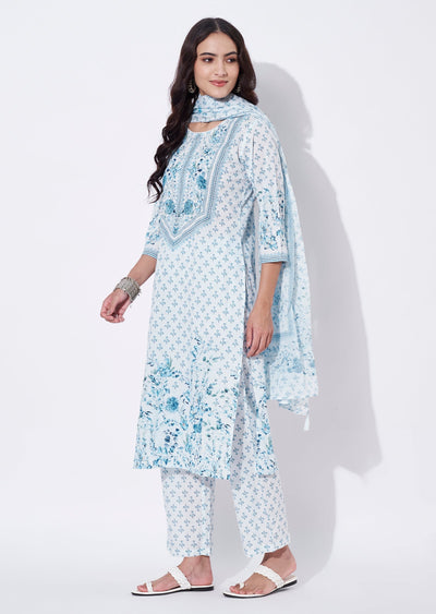 Blue Cotton Straight cut Suit