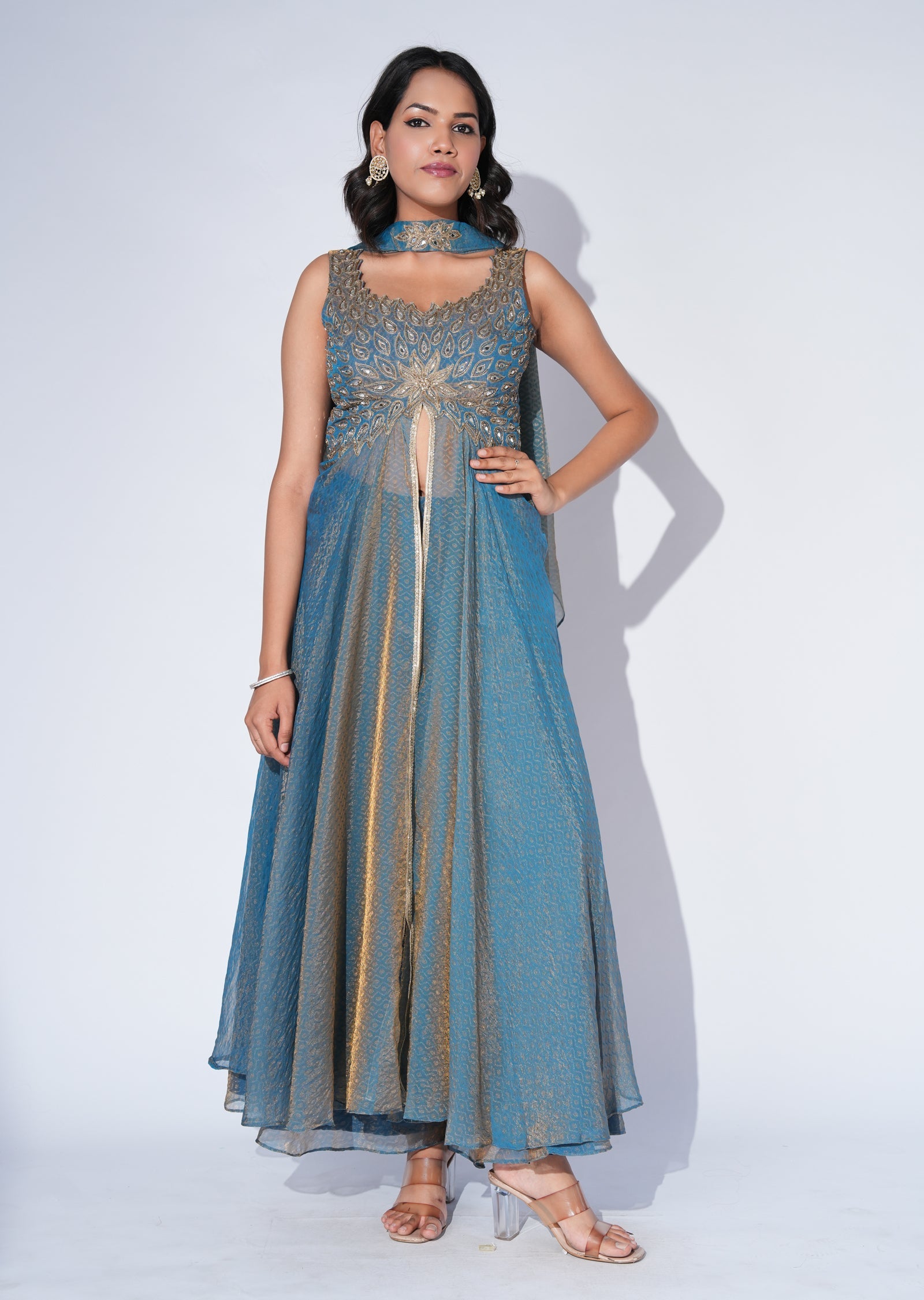 Grey Tissue Anarkali Suit