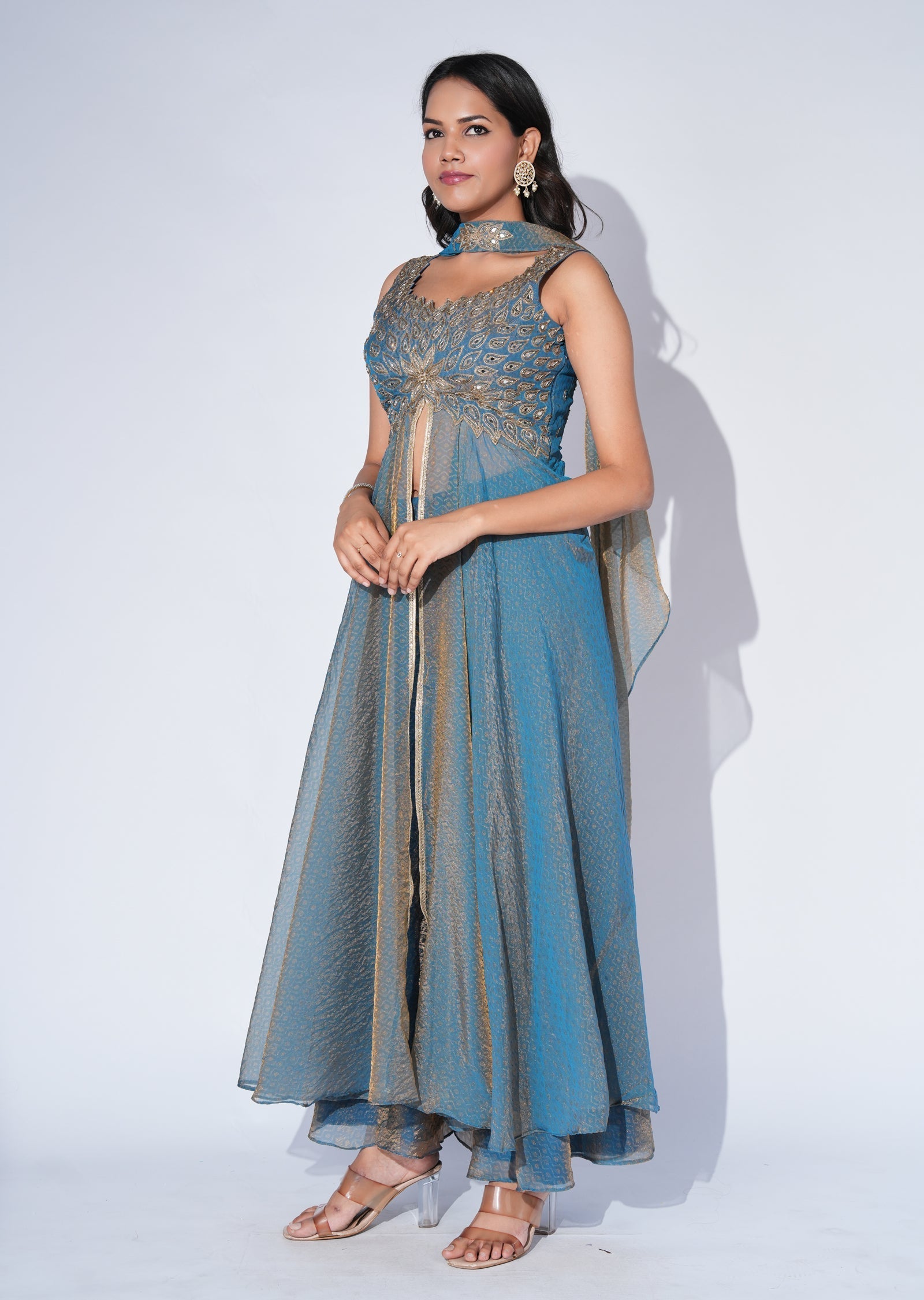 Grey Tissue Anarkali Suit