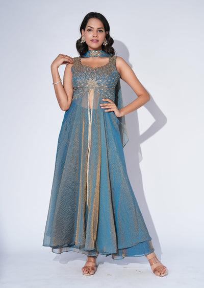 Grey Tissue Anarkali Suit