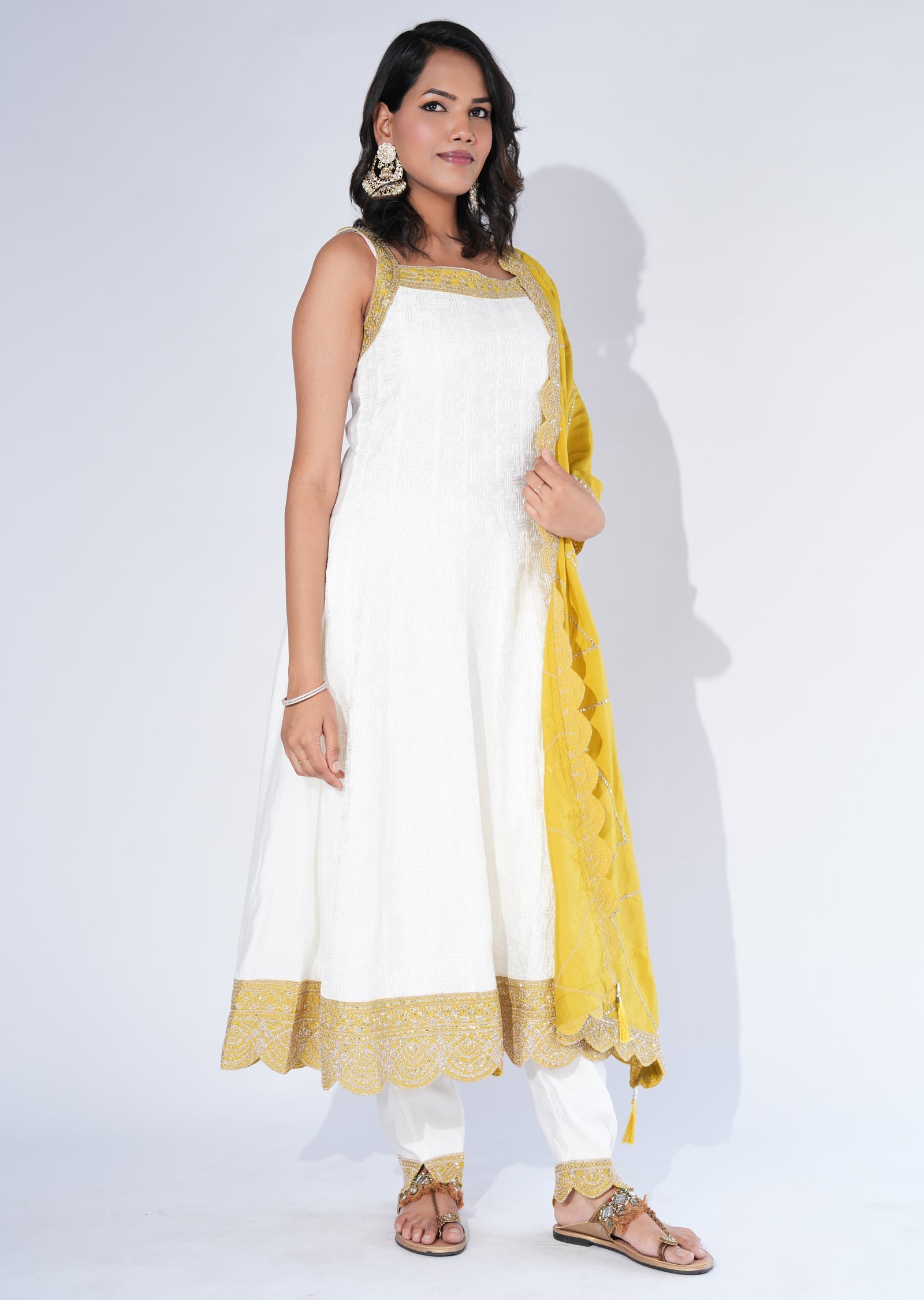 Cream Mul Chanderi Anarkali Suit
