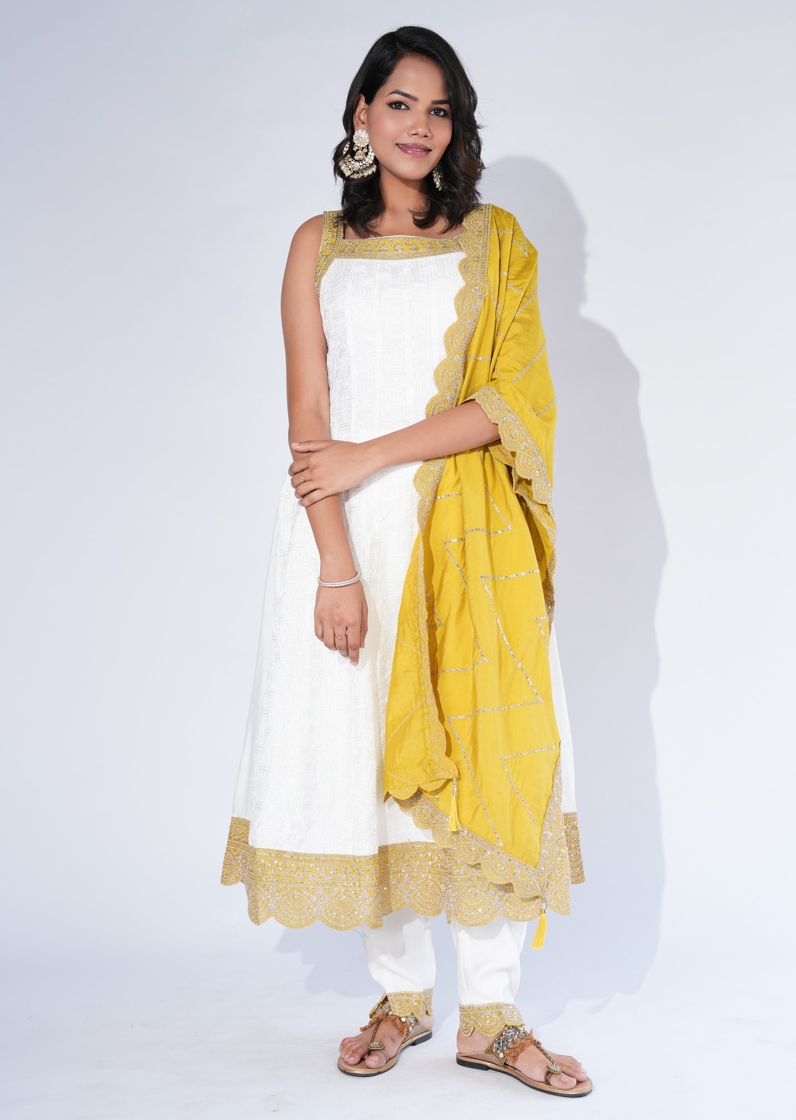 Cream Mul Chanderi Anarkali Suit