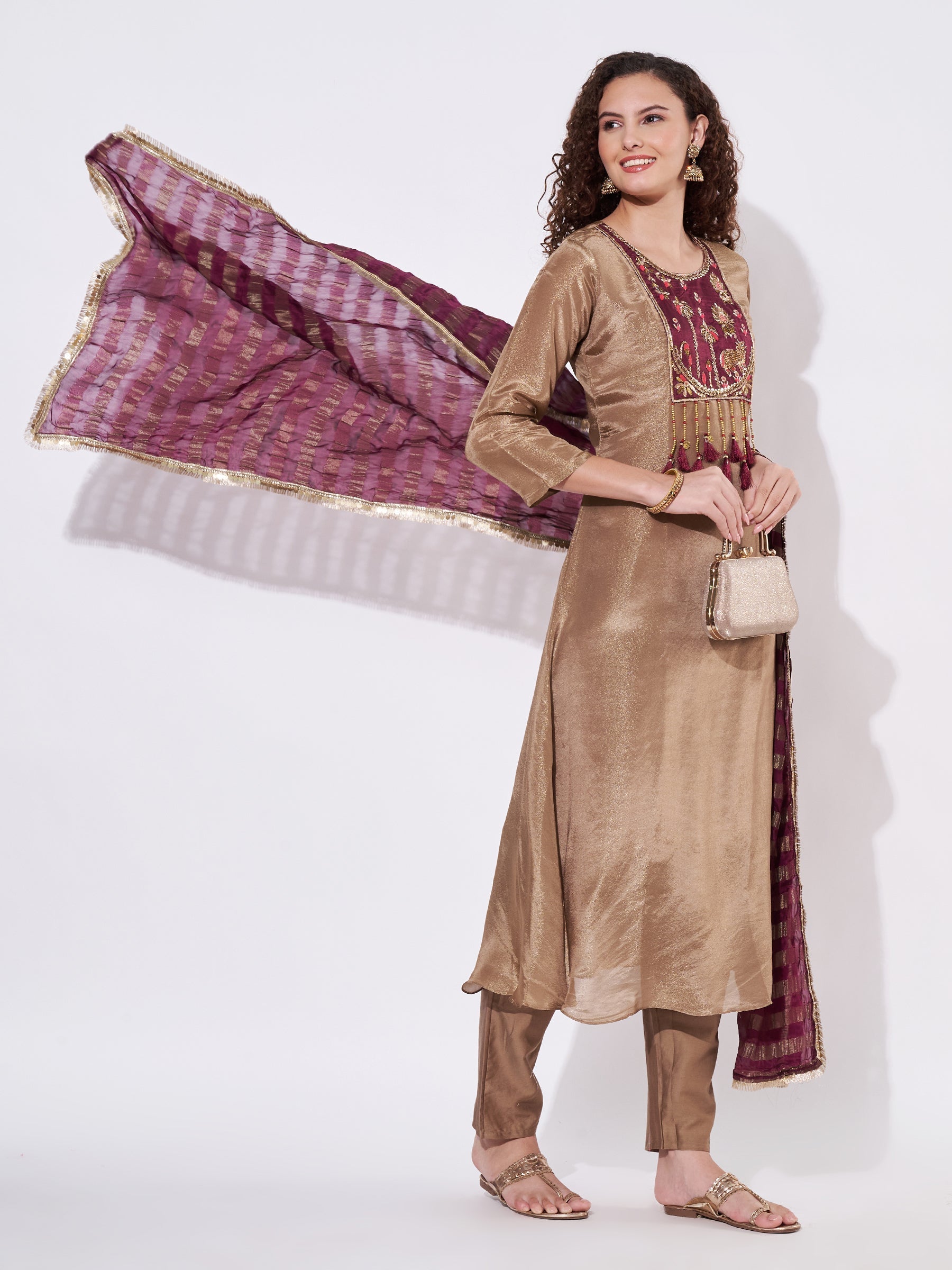 Brown Tissue Anarkali Suit
