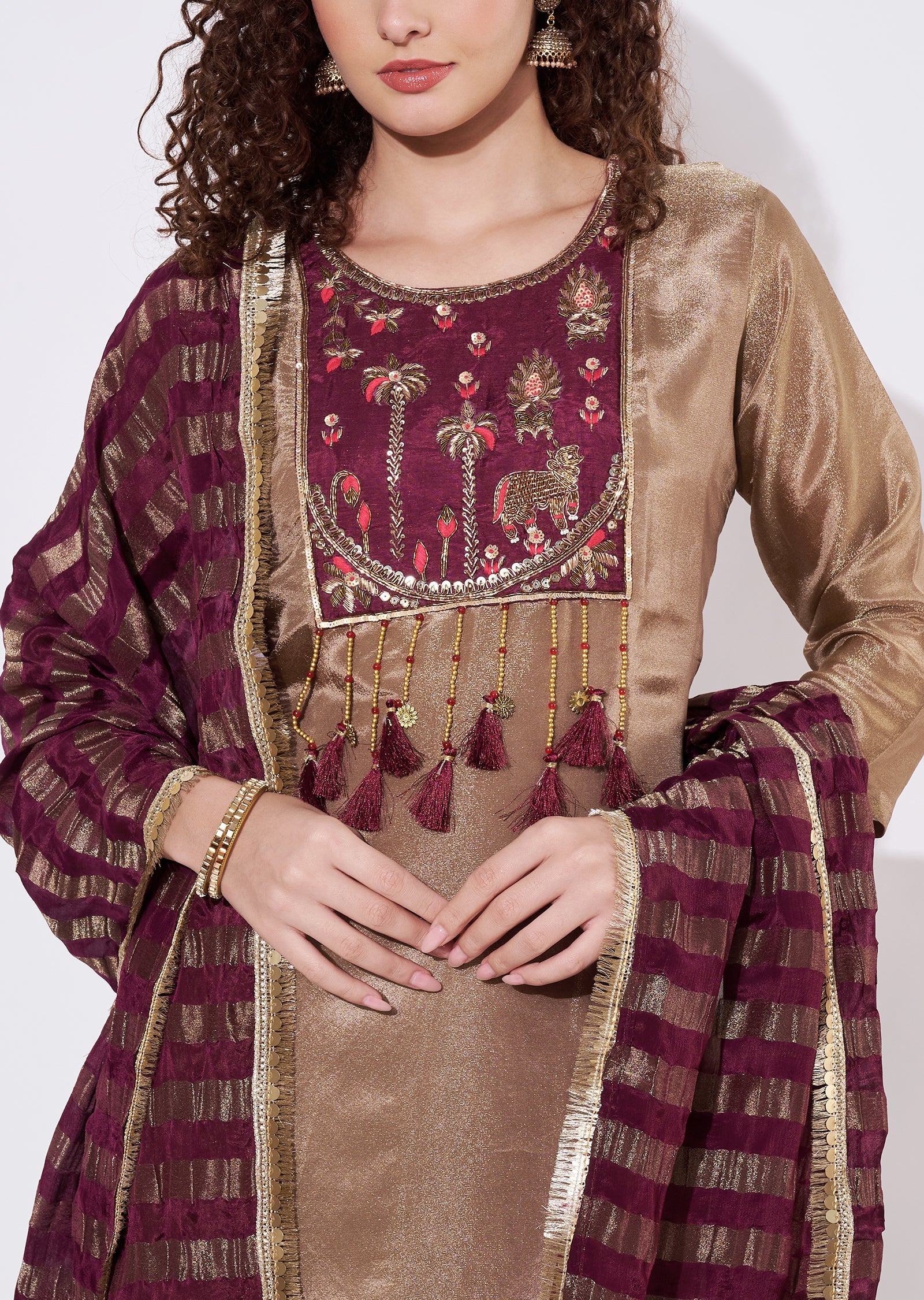 Brown Tissue Anarkali Suit